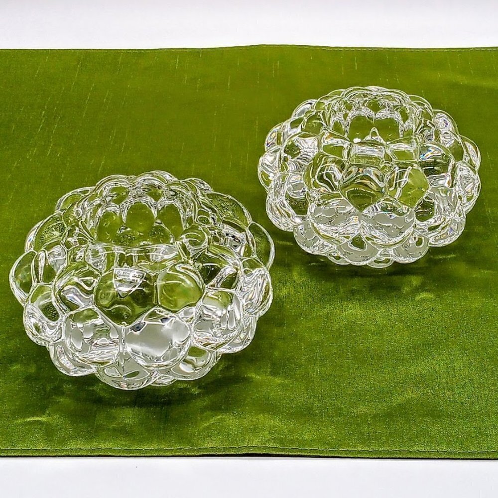 Pair of 2 Orrefors Raspberry Hallon Clear Crystal Candle Holders